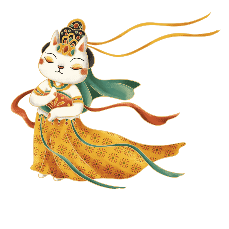 手绘-飞天舞女猫咪拟人插画