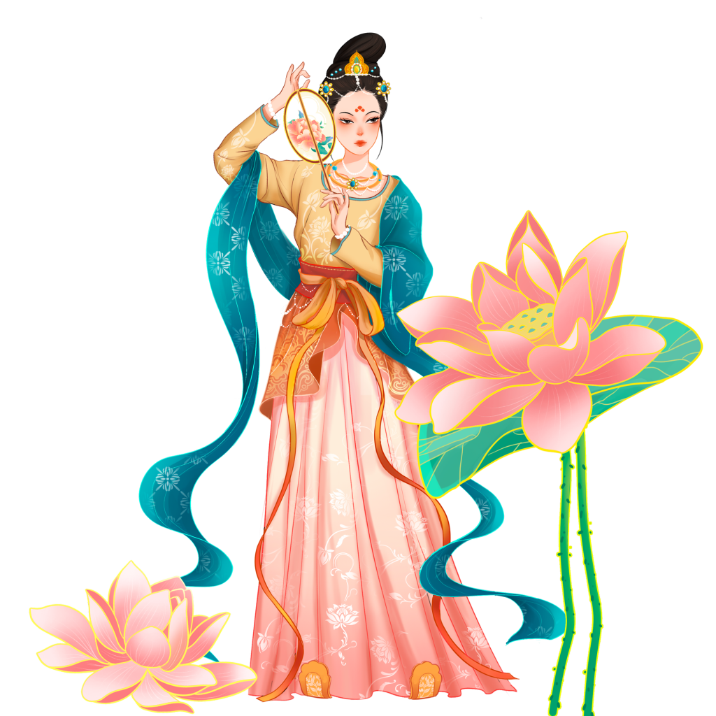 中国风带荷花人物插画