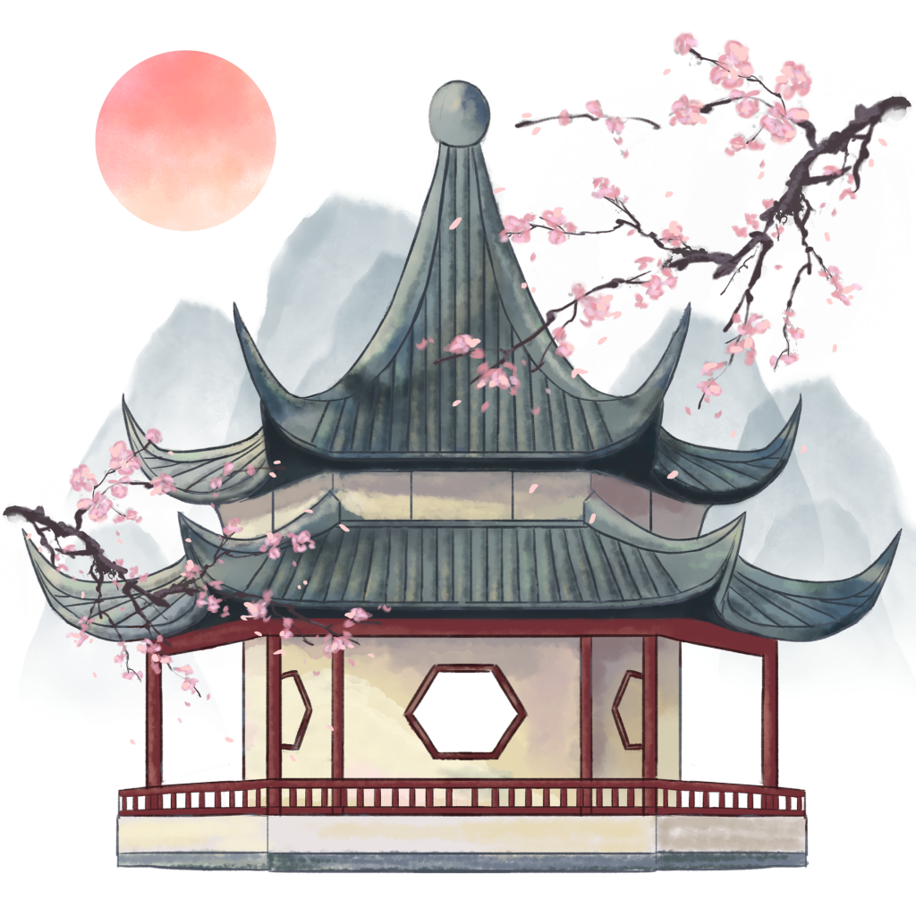 水彩手绘园林亭台楼阁插画