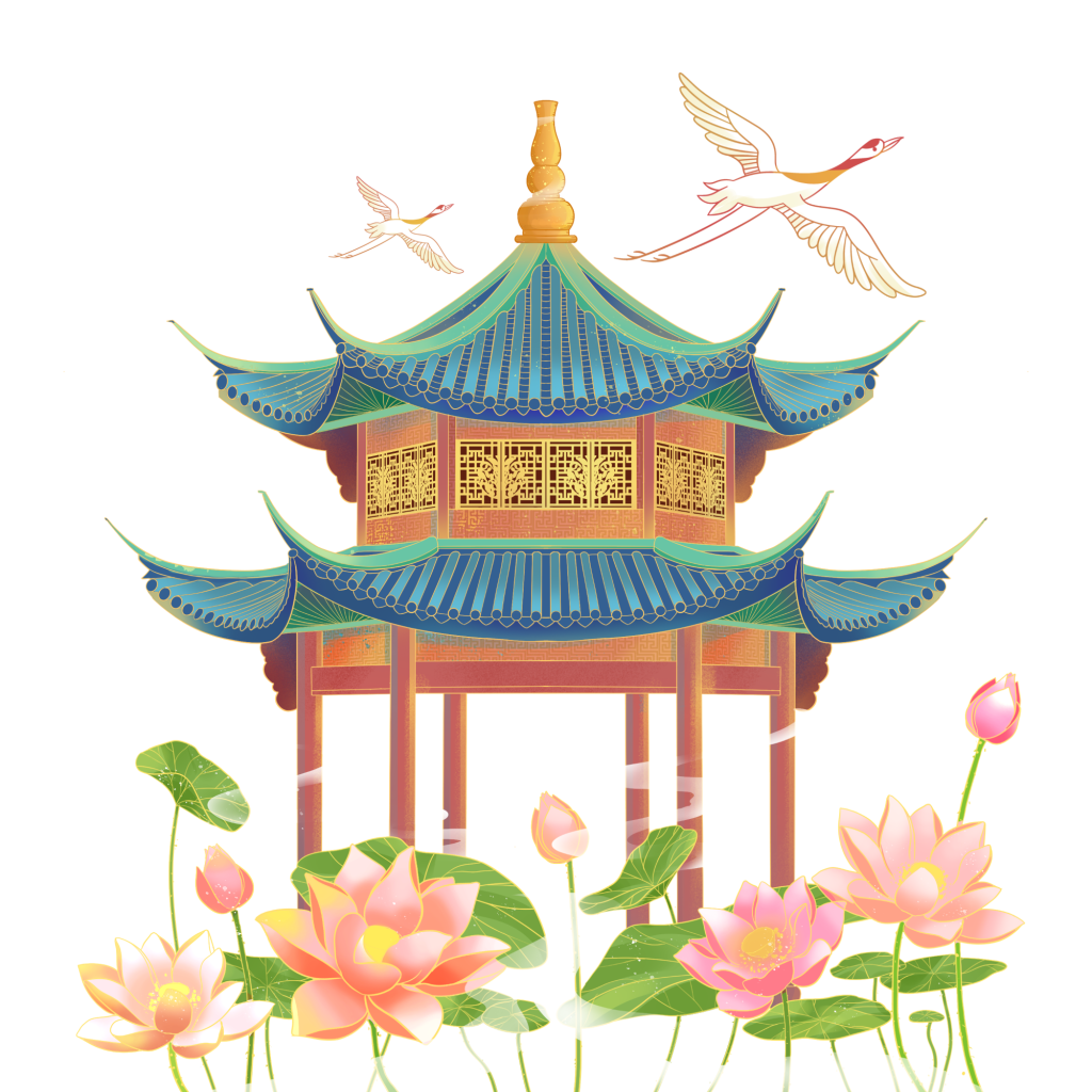 国潮建筑元素荷花亭子